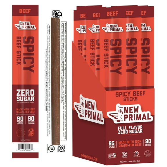 Spicy Beef Meat Sticks, 100% Grass-Fed Beef, Zero Sugar (20 Sticks)