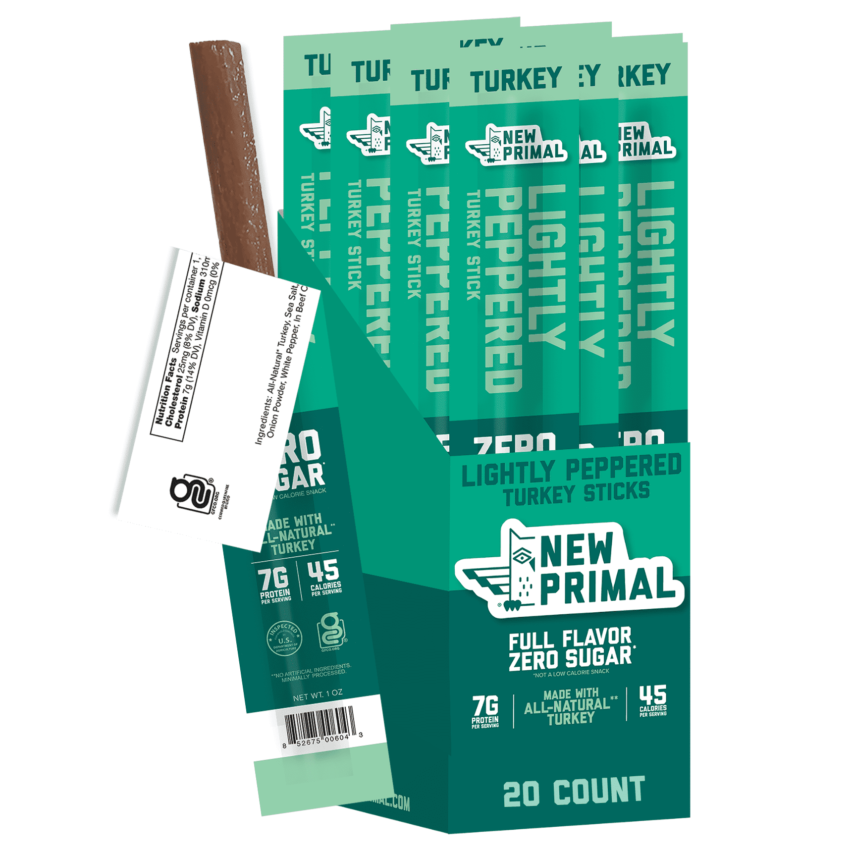 The New Primal Lightly Peppered Turkey Sticks, Keto, Gluten Free, High Protein, 20 Ct