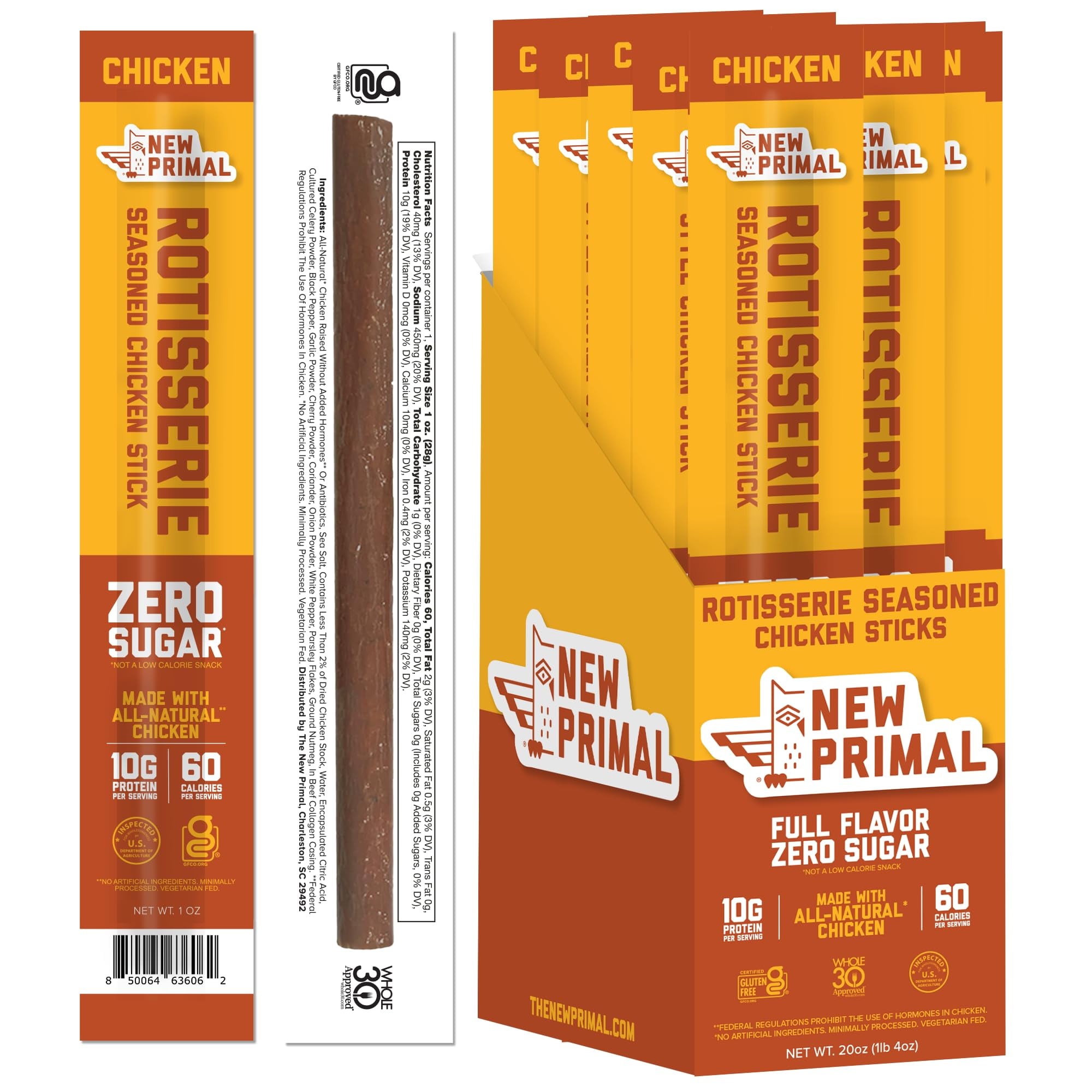 New Primal Rotisserie Chicken Sticks, Zero Sugar MDH1High Protein Snack, Gluten Free Whole30 Healthy Snacks, Keto and Paleo Friendly, Jerky Meat Stick, 10g Protein, 20 Ct