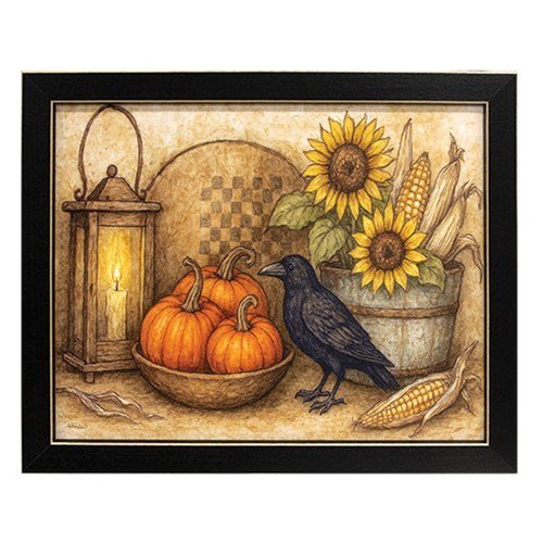 New Primitive Fall Harvest Pumpkins Crow Lantern 11 Wx9 H Farmhouse Wall Art Print, Seasonal Living Room And Home Decor