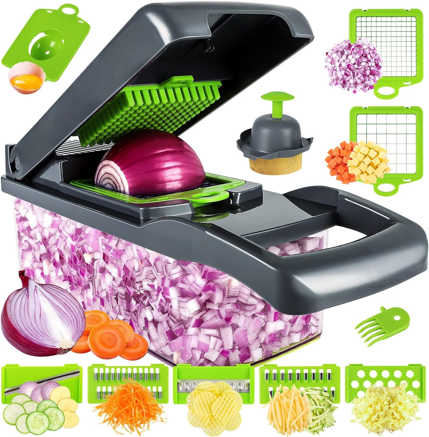 Large Gray and Green Multifunctional Vegetable Chopper with Container