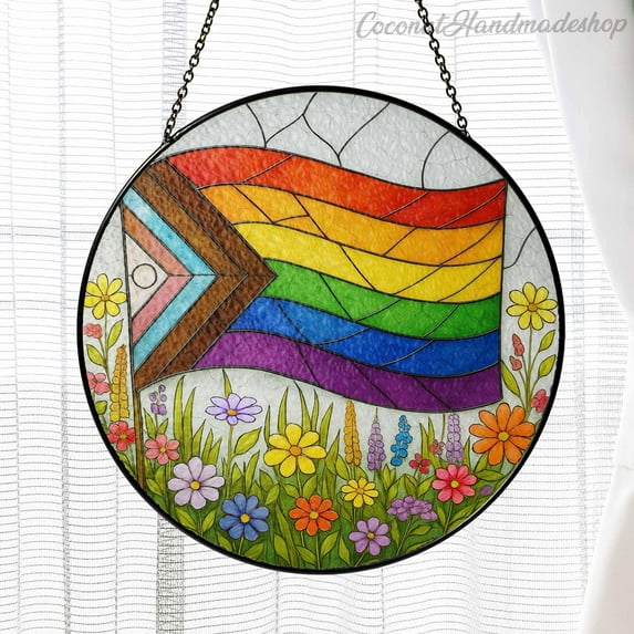 New Progress Pride Flag Glass Suncatcher, LGBTQ+ Rainbow Window Hanging with Flowers, Colorful Round Pride Decor Gift, LGBTQ Sun Catcher