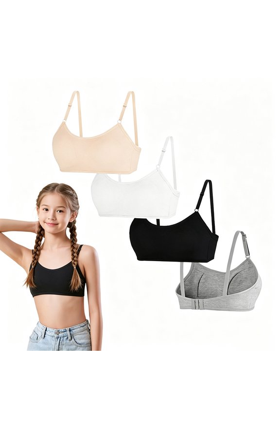 Early Developmental Gentle Skin Friendly Cotton Teen Puberty Bras Growing Girls 10-16 Wire-Free Light Cushion, Custom Adjustable Straps Breathable Light Weight Beginner Growth Support Undies