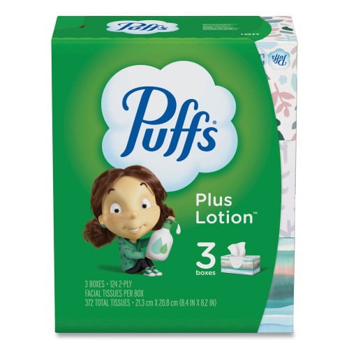 New Puffs Plus Lotion Facial Tissue, White, 2-Ply, 124/Box, 3 Box/Pack,Each