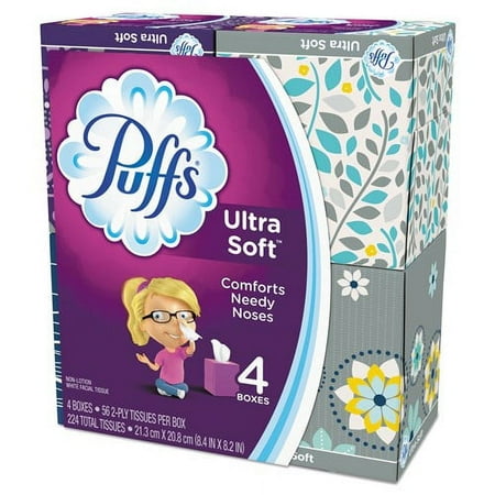 New Puffs Ultra Soft Facial Tissue, 2-Ply, White, 56 Sheets/Box, 4 Boxes/Pack