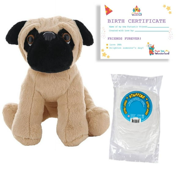 Plush Gear Pugsley The Pug 8" Plush Kit with Stuffing & Birth Certificate DIY Make Your Own Soft Stuffed Animal Toy Gift for Kids