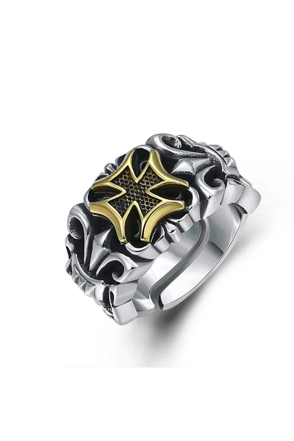 New Punk 14K White Gold Large Cross Ring Adjustable Size Fashion Men's Personalized Design Jewelry Street Retro Gothic Trend JewelryAccessories