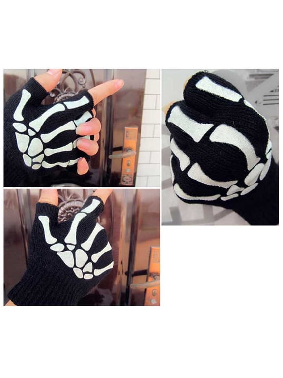 New Punk Gloves Unisex Skeleton Skull Half Finger Gloves, Fingerless Stretch Knitted Winter Mittens, Skull Gloves