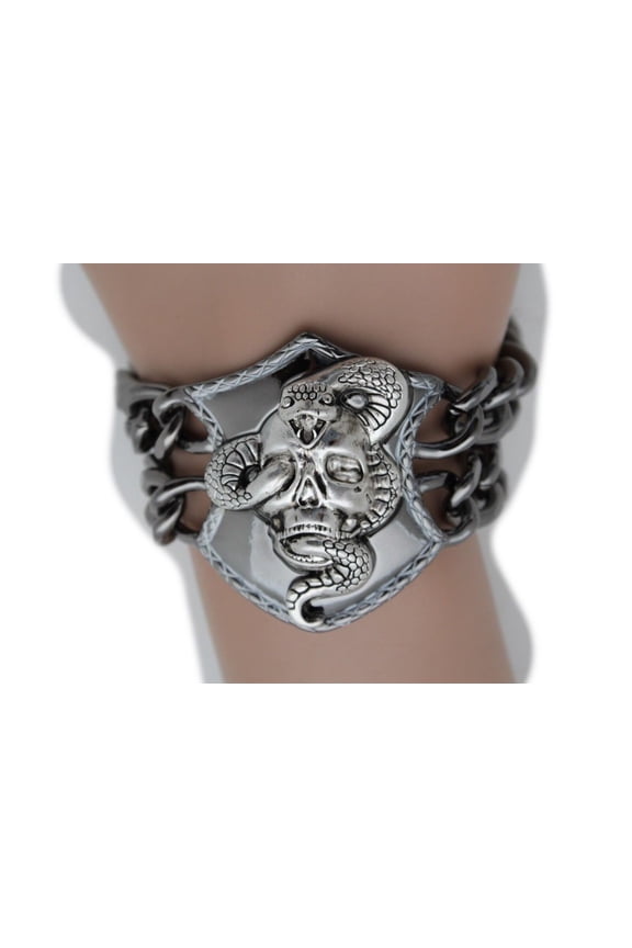 New Punk Rock Women Biker Fashion Pewter Metal Chain Bangle Bracelet Skull Snake