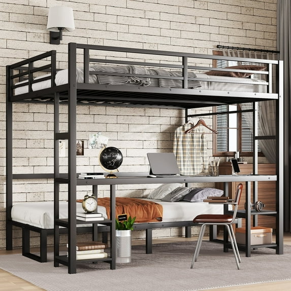 New Queen Over Twin XL Metal Bunk Bed/Loft Bed with Desk and Shelves, Multiple Uses Folds into Sofa with LED and USB, Black