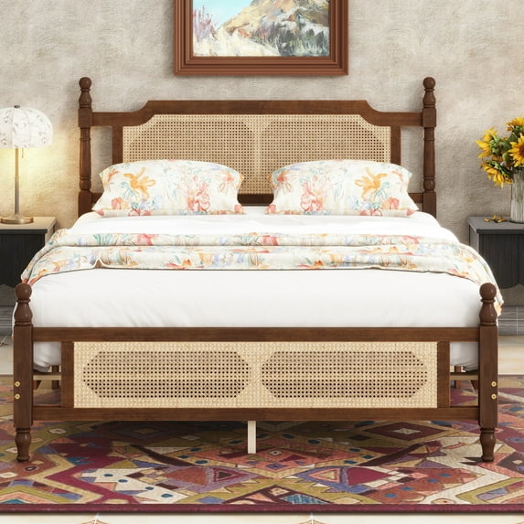 New Queen Pine wooden Bed with Rattan Headboard and Footboard, with Central Enhanced Bed Platform,Walnut