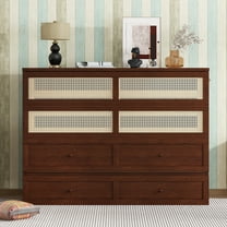 New Queen Size Murphy Bed, Pine Wood Cabinet Bed with Rattan Decoration and Storage Drawer,Walnut