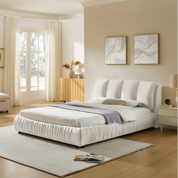 New Queen Size Upholstered Bed Frame, Modern Minimalist Style with Segmented Plump Compressed Sponge Headboard, Shiny velvet & Sturdy Leg Support, Mattress Not Included-Beige