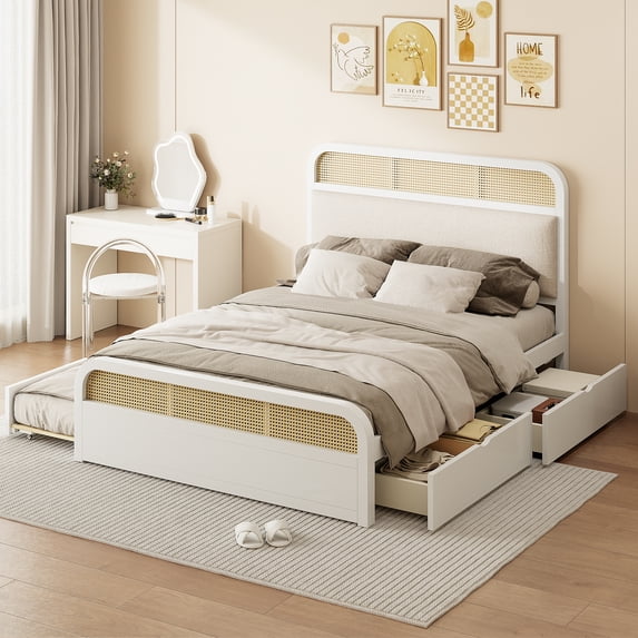 New Queen Size White Wood Platform Bed – Trundle & 2 Drawers with Rattan Headboard & Plush Cushion | 600LBS Capacity Modern Design