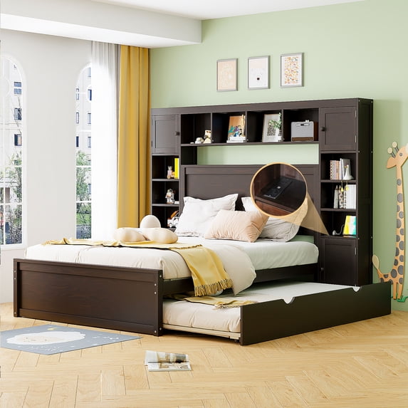 New Queen Size Wooden Bed With All-in-One Cabinet, Shelf and Sockets,Twin XL Trundle,Espresso