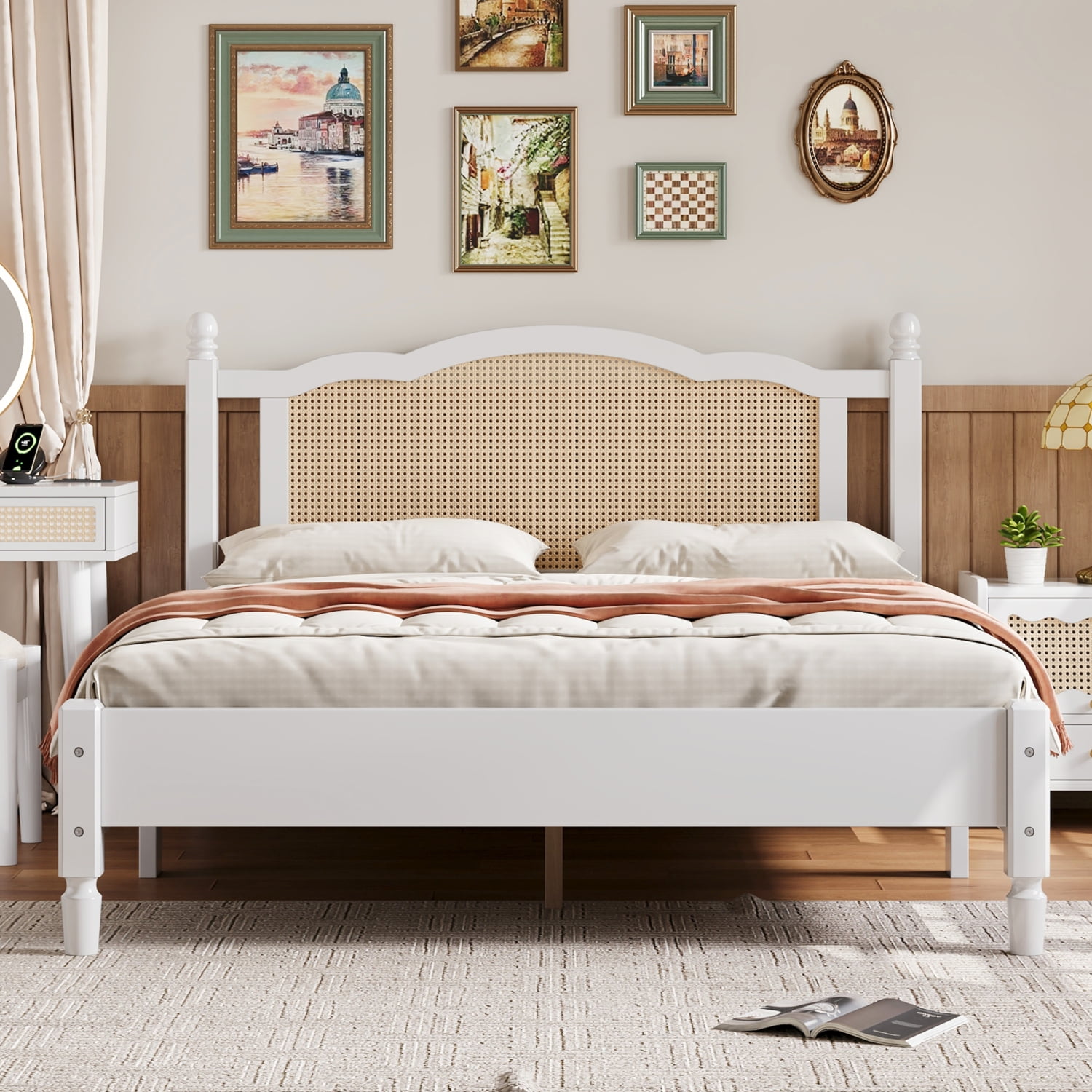 Queen White Pine Wood Platform Bed with Rattan Headboard