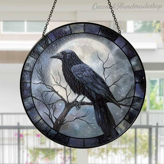 New Raven Stained Glass Suncatcher, Gothic Suncatcher Raven Crow, Raven Glass Suncatcher, Raven Crow Lover Gift, Halloween Gift