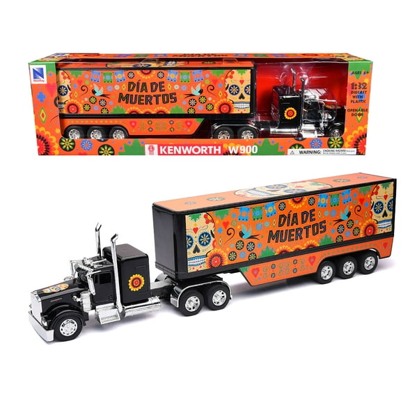Kenworth W900 Truck Black with Graphics and Dry Van Trailer "Dia De Muertos" 1/32 Diecast Model by New Ray
