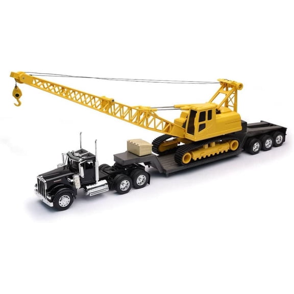 NewRay Kenworth W900 Truck with Lowboy Trailer and Crane, 1/32, Black and Yellow