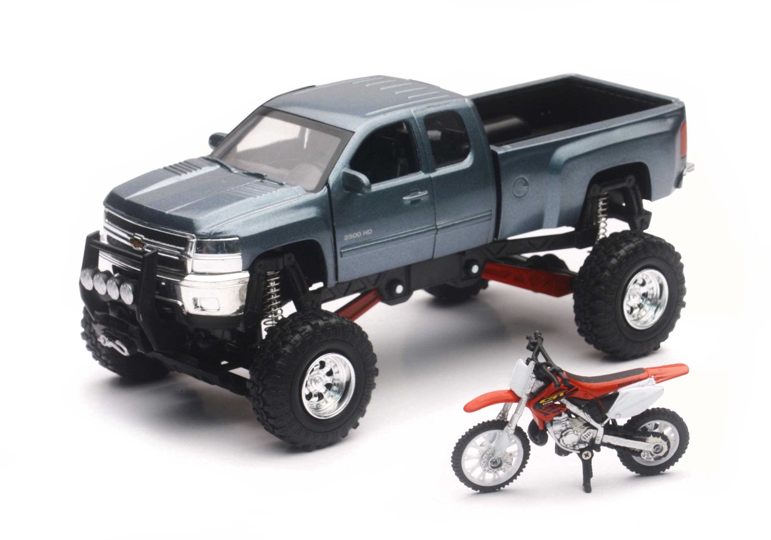 NewRay Chevrolet Pickup Truck w/Working Suspension and Honda Dirt Bike, 1:32 Scale, Gray