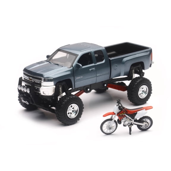 NewRay Chevrolet Pickup Truck w/Working Suspension and Honda Dirt Bike, 1:32 Scale, Gray
