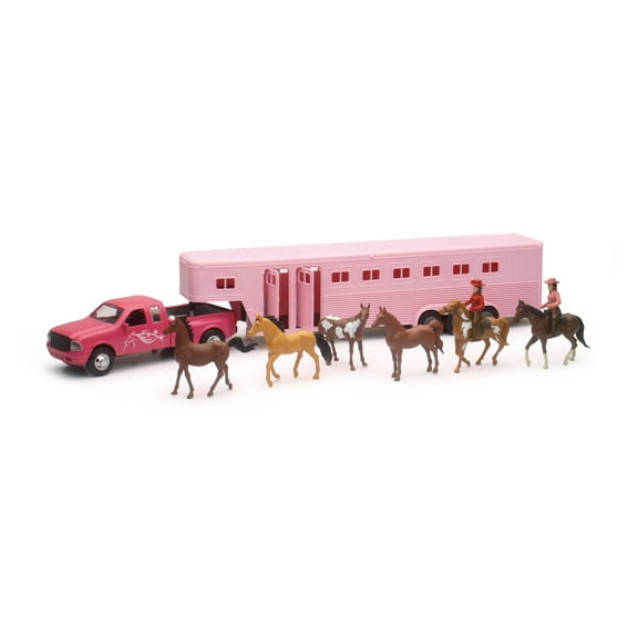 New Ray Die Cast 1:32 Pink Pickup Truck with Fifth Wheel Horse Trailer Age Group 5 and up