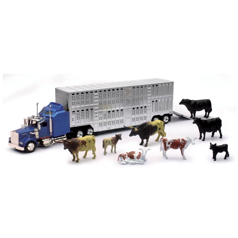 New Ray Semi Truck & Trailer Playset, 1:43 Livestock with 10 Cows