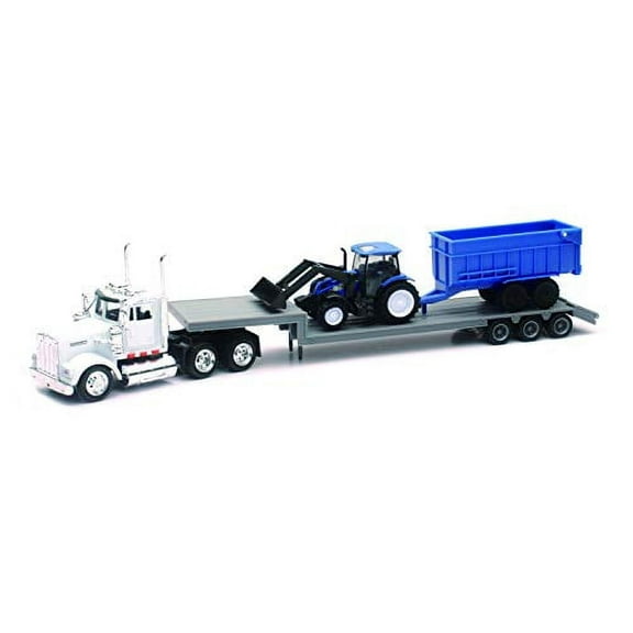 New-Ray Kenworth Lowboy Trailer with New Holland Construction Tractor Play Set