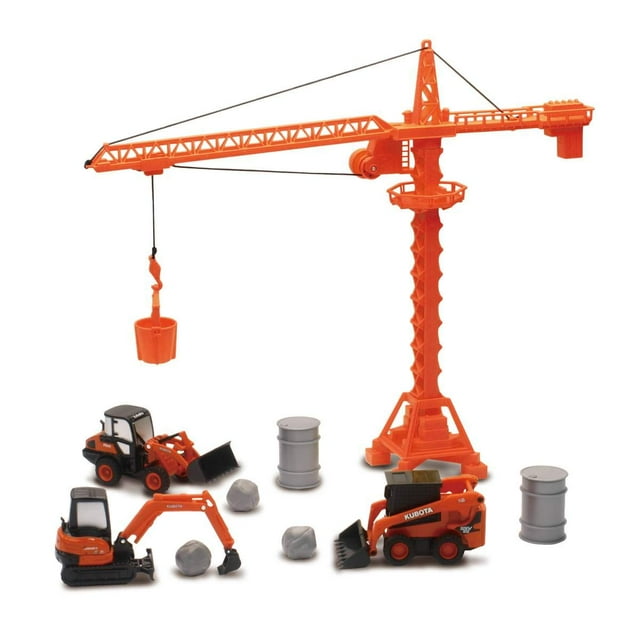 New Ray Kubota Die-Cast Construction Vehicles Set, Plastic Engineering Toys Playset Includes Steer Loader, Mini Excavator, Wheel Loader, Oil Drums, Tower Crane & Boulders, for Kids