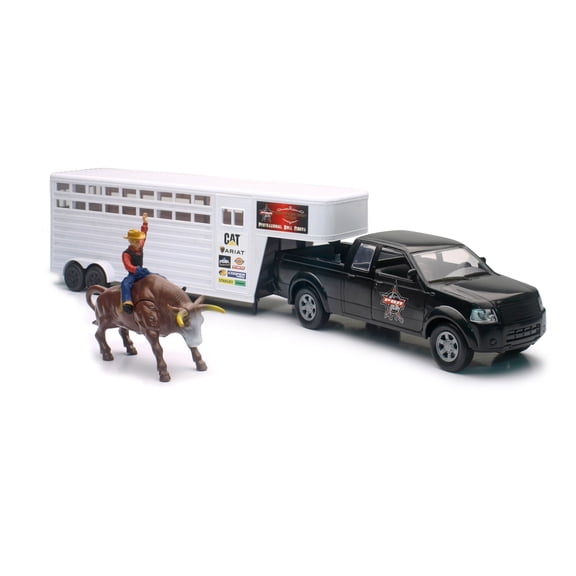 NewRay PBR Pickup Truck and Trailer With Bull & Rider Playset B/O Sound Effects, 1/16