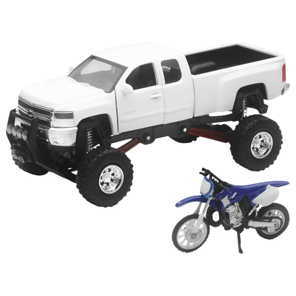 New Ray Die-Cast White Chevy Silverado 4x4 with Yamaha Dirt Bike 1:43 Scale Set