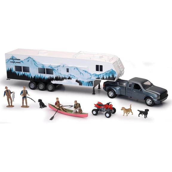 New Ray Diecast Pickup Truck with Camper Trailer and Accessories Vehicle Set