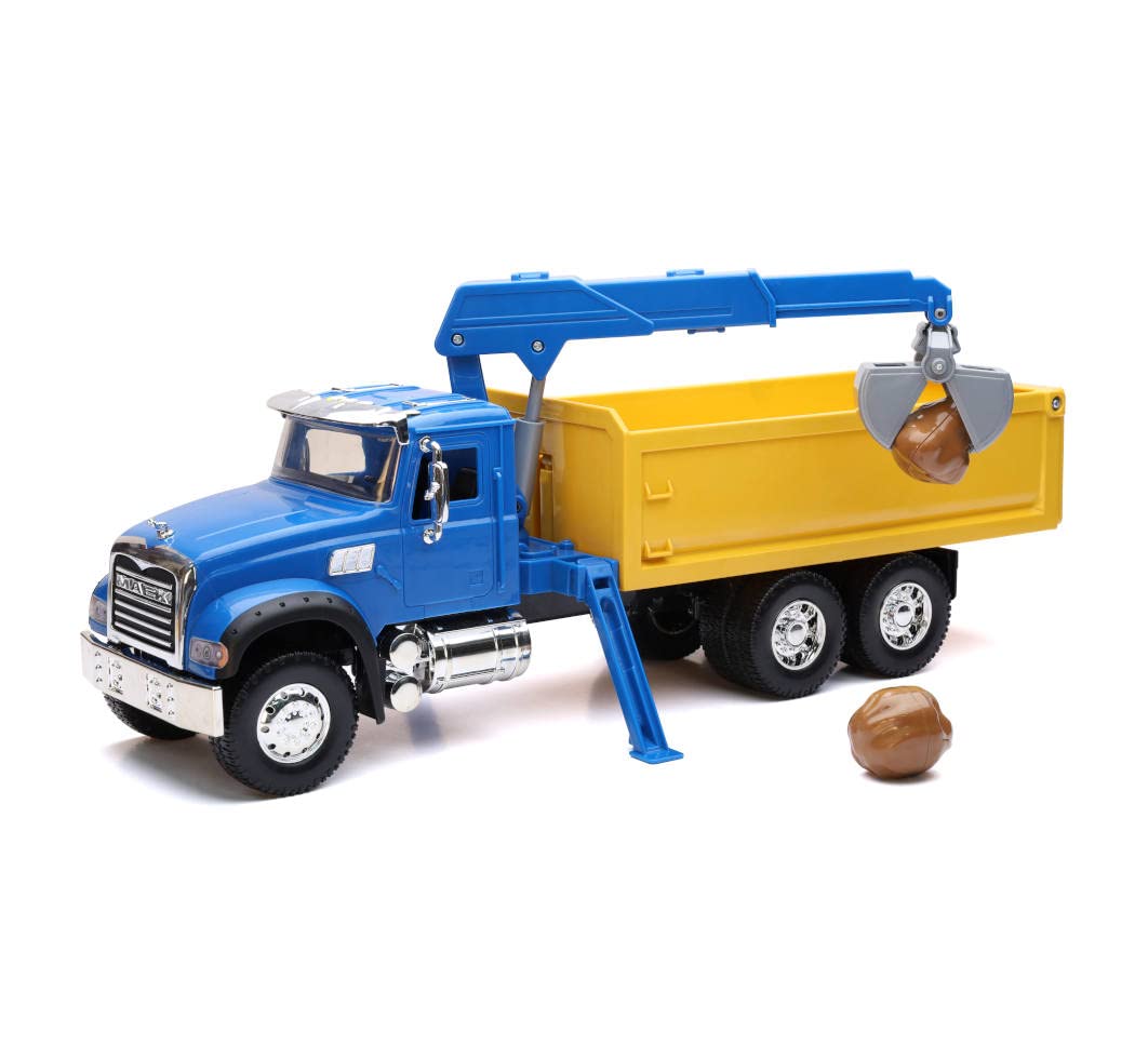New-Ray Toys Mack Granite Dump Truck with Crane 1:18 Scale Long Haul Trucker Playset, Kids, Gifts, Birthdays