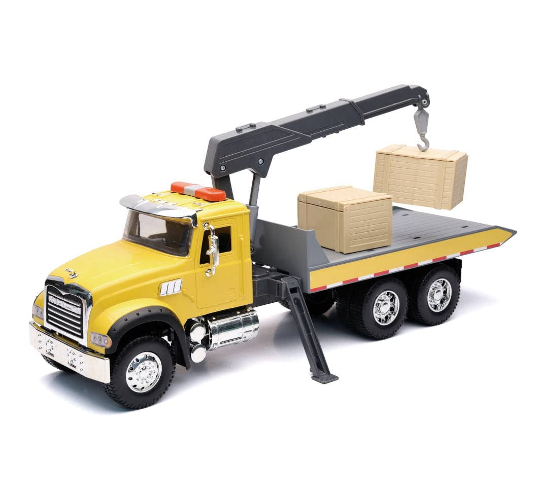 New-Ray Toys Mack Granite Roll Off Truck with Crane and Crate 1:18 Scale Long Haul Trucker Playset, Kids, Gifts, Birthdays