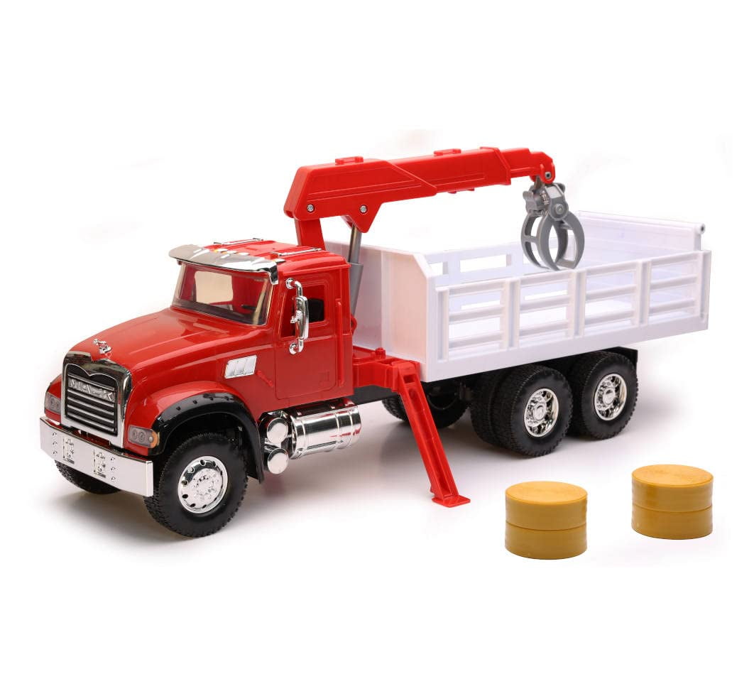 New-Ray Toys Mack Granite Stake Truck with Crane 1:18 Scale Long Haul Trucker Playset, Kids, Gifts, Birthdays
