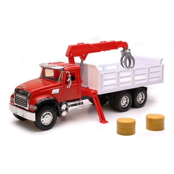New-Ray Toys Mack Granite Stake Truck with Crane 1:18 Scale Long Haul Trucker Playset, Kids, Gifts, Birthdays
