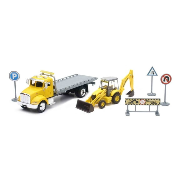 New-Ray Toys Peterbilt Roll Off Truck with New Holland B110C Ultimate Long Haul Trucker Playset, 1:43 Scale, Kids, Gifts, Birthdays