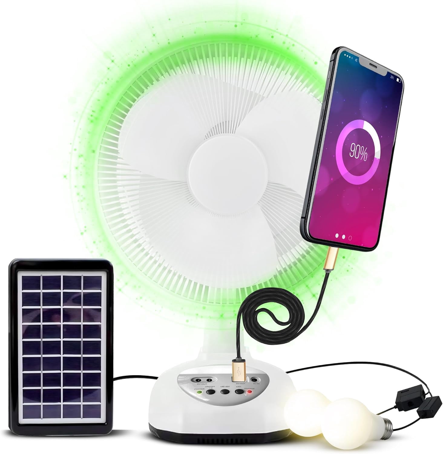 New Rechargeable Fan With solar panel, USB port, night LED light and 2 Free bulbs. Eco-Friendly Cooling