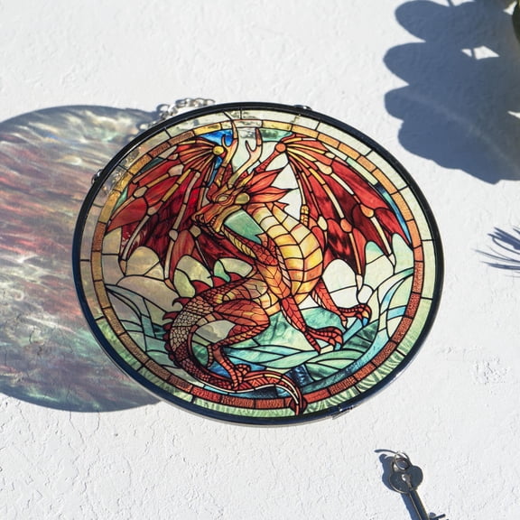 New Red Dragon Suncatcher, Fantasy Stained Glass Art, Mystical Window Hanging, Glass Dragon Wall Decor, Fire Dragon Ornament, Gift for Readers