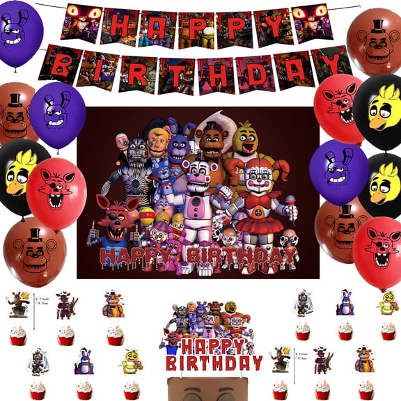 New Red Freddy's Birthday Party Decoration , include Freddy's Banner, Cake Cupcake Toppers, Balloons , Background for Kids Adults Birthday Party Supplies