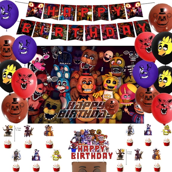 New Red Freddy's Birthday Party Supplies, include Freddy's Banner, Cake Cupcake Toppers, Balloons Background for Kids Adults Birthday Party Decoration