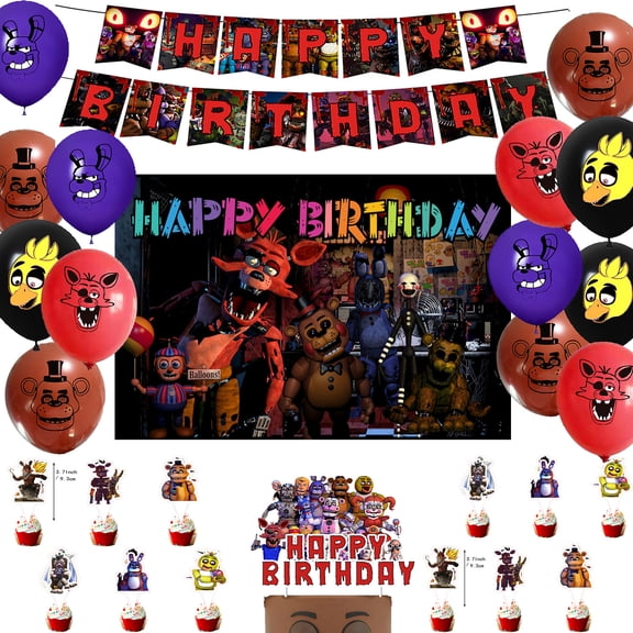 New Red Freddy's Birthday Party Supplies, include Freddy's Banner, Cake Cupcake Toppers, Freddy's Balloons for Kids Adults Birthday Party Decoration