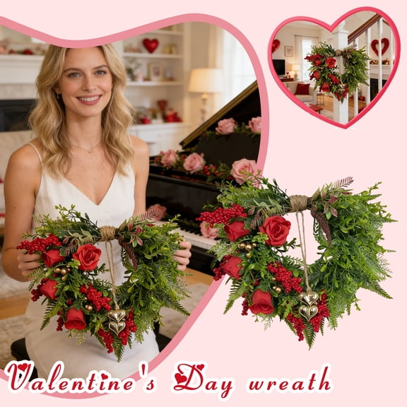 New Release! Farmhouse Valentine Heart Wreath Artificial Red Roses Berry Decorations Holiday Hanging Ornament - Long-Lasting No-Maintenance Photo Wall Focal Point Decor