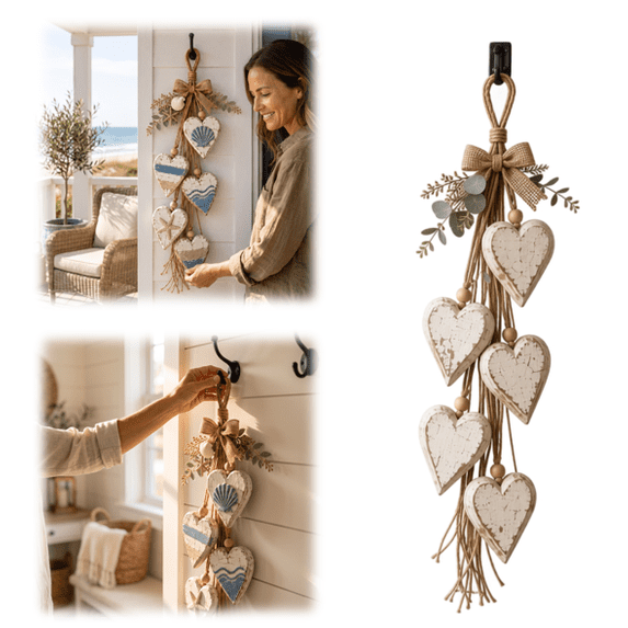 New Release! Five Heart Shape Coastal Blue Hanging Wall Decor, Ocean Themed Heart Wall Hanging with Shells Starfish, Beach House Entryway Accent (White)