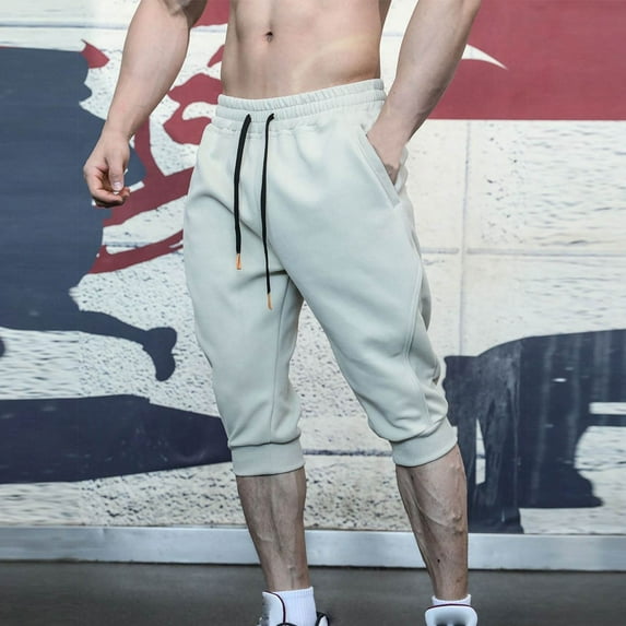 LADIGASU Man Solid-Color Casual Pocket Drawstring Sports Shorts Capris Pants