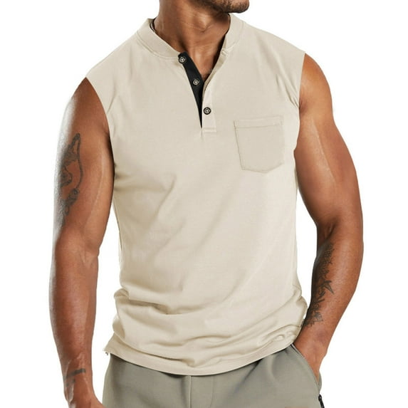 LADIGASU Men Leisure Versatile Button Pocket Solid Color Thin Style Sleeveless T-shirt