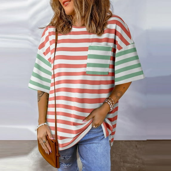 LADIGASU T Shirts For Women Striped Color Block Loose Round Neck Womens Tshirts Shirts