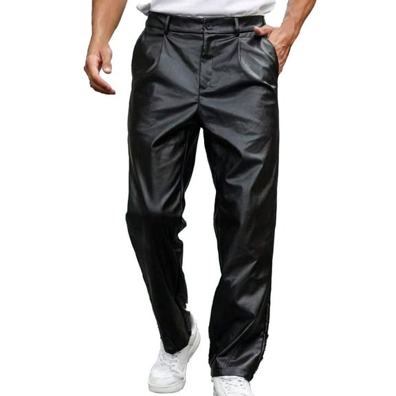 LADIGASU Windproof Men's Leather Pants Loose And Trendy Straight Leg Casual Pants Men's Leather Pants