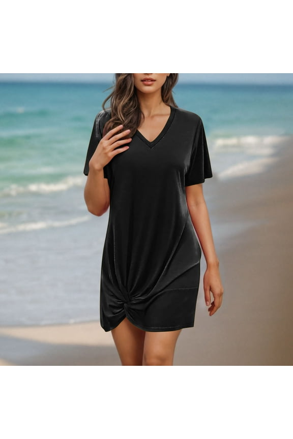 Women's Solid Color V-neck Short Sleeved Side Twisted Casual Bikini Swimsuit Beach Cover Shirt