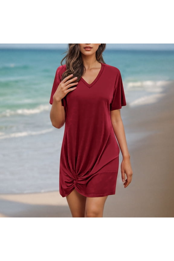 Women's Solid Color V-neck Short Sleeved Side Twisted Casual Bikini Swimsuit Beach Cover Shirt